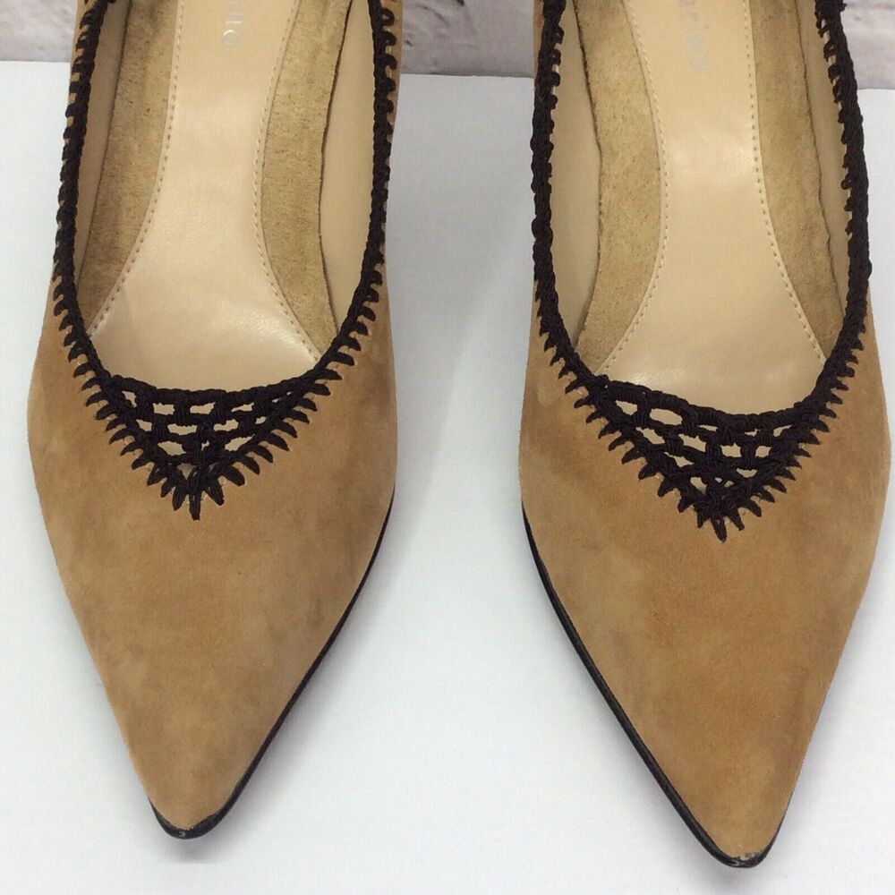 Ann Marino Leather Suede Pump Shoes Womens Size 7.5 Tan/Black Crochet Trim Heels - Picture 4 of 12